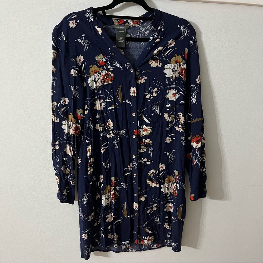 Suzy Shier Floral Navy Blue pattern dress SZ SP optional roll up sleeves